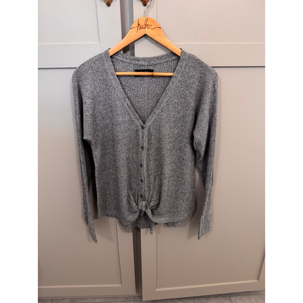 Abercrombie & Fitch Soft AF Cozy Gray Ribbed Tie Front Button Cardigan Small‎